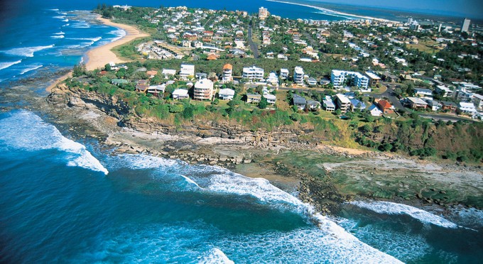 Caloundra, Sunshine Coast - aerial coastal rocky coastline coastal town
