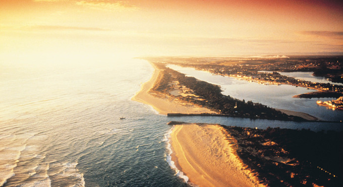 Lakes Entrance, Gippsland - aerial sunrise/sunset beach coastal lake river/creek coastal town