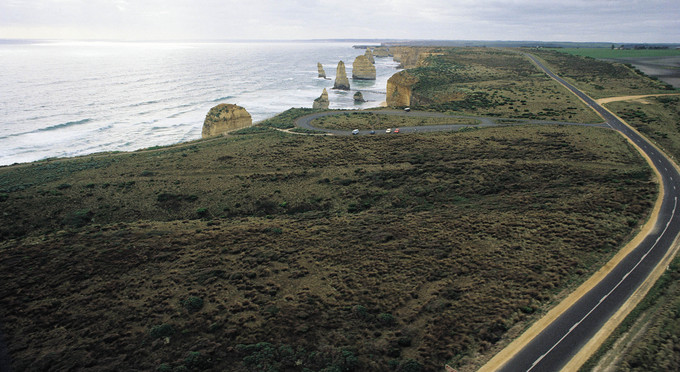 Twelve Apostles, Great Ocean Road - aerial landscape coastal rocky coastline vehicle touring